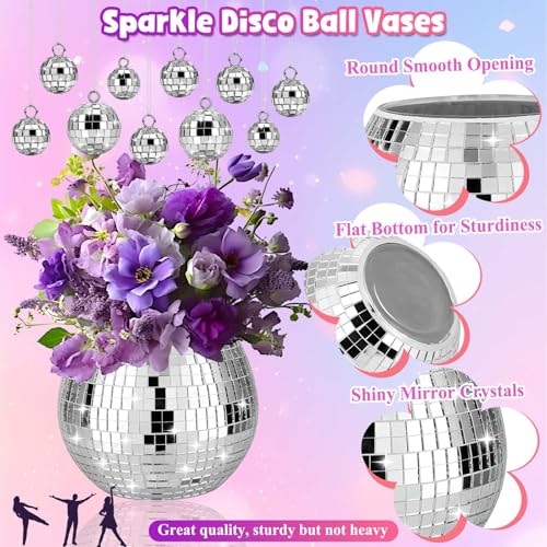 Image of 16 Pcs Disco Ball Vase Sets, 6 Pcs Disco Ball Vase Disco Ball Flower Vase & 10 Pcs Disco Balls with 3 Sizes, 3 inch X 4 inch Disco Ball Planter Candle for Wedding, Birthday, Party