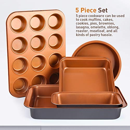 SHINEURI 5-Piece Nonstick Copper Bakeware Set - 14.3inch Roast Pan, 13.8inch 12-Cup Muffing Pan, 9.8inch Loaf Pan, 9inch Square Pan & 8.8inch Round Cake Pan - Dishwasher & Oven Safe, PFOA/PTFE Free - Thumbnail 4
