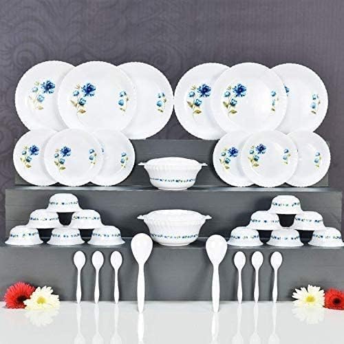 Image of Dinner Set of 32 psc Exclusive Plastic Printed Round Dinner Set. 6 Big PLATS, 6 Small PLATS, 12 Small Bowl,3 Big Spoon, 2 Big Bowl with 2 LID 1 Big Plate .(Pink Color) (36)