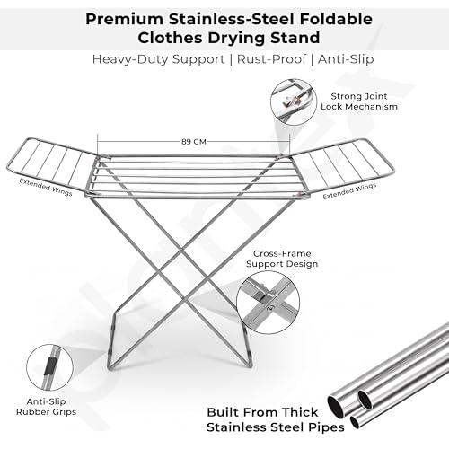 Image of Plantex Cloth Dryer Stand /Stainless Steel Dry Clothes Stand /Foldable Dry Clothes Stand /Steel Cloth Stand - Pack of 1 (Chrome)