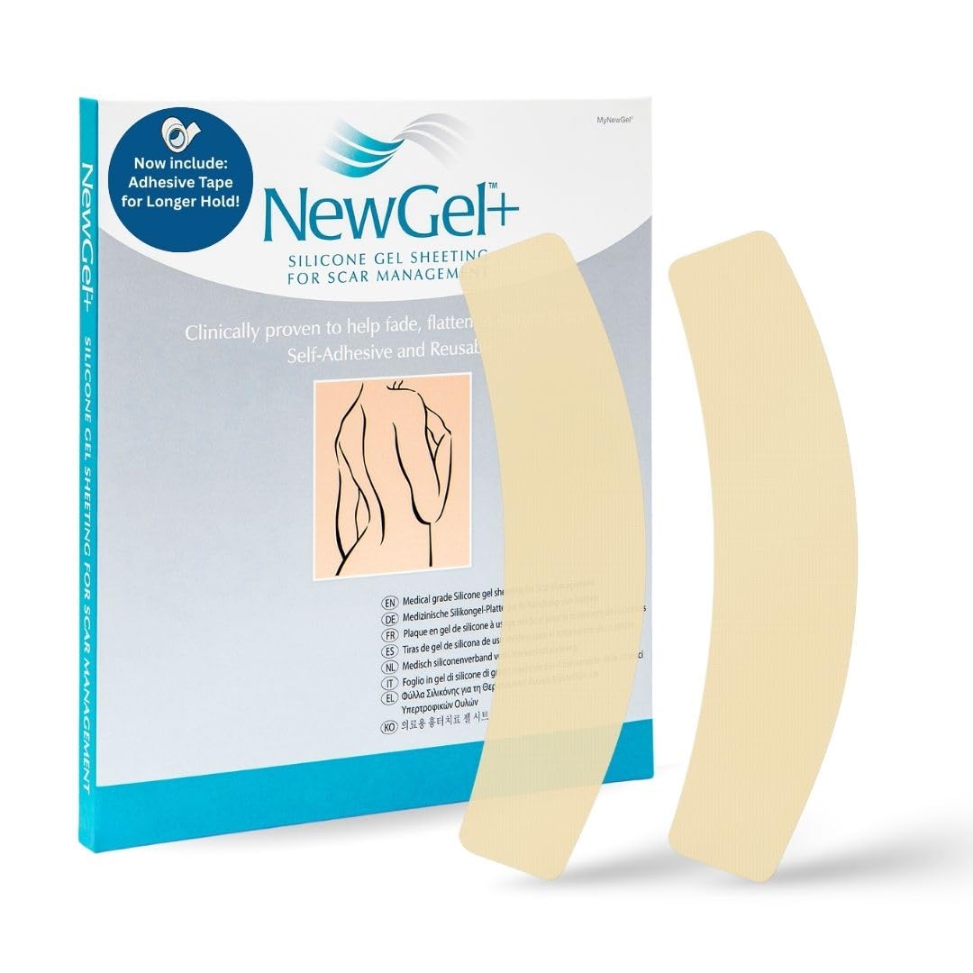 NewGel+ Advanced Silicone Professional Scar Treatment Strip for Abdomen, C-Section, Injury, Keloids, Burns, REUSABLE, 2" x 8" C-shaped Sheet 2-Count - BEIGE