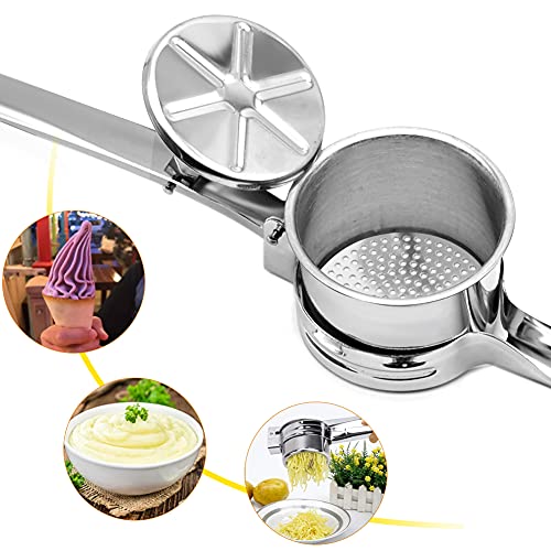 Foto von Punvot Kartoffelpresse, Kartoffelpresse aus Edelstahl, Spätzlepresse Kartoffelstampfer Kartoffelquetsche Mit mit 3 Lochscheiben, Presse Ricer für Kartoffelpüree, Obstsäfte, Gemüsebrei, Püree, Eiscreme