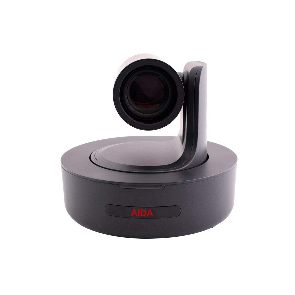 AIDA PTZ-X12-IP camera, direct front view, showing the lens and the AIDA logo on the base.