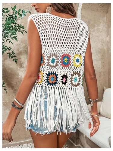 Verdusa Women's Floral Crochet Hollow Out Sleeveless Fringe Cardigan Vest2