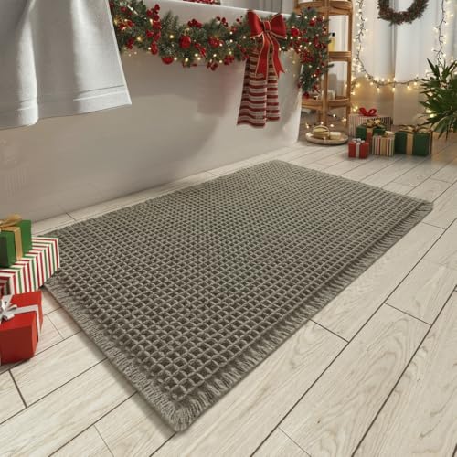 Upgraded Christmas Waffle Bath Mat, Super Absorbent Non Slip Bath Mats for Bathroom Floor, Machine Washable Bathroom Rugs with Tassels, Rubber Backed Bathroom Mats, Ultra Soft, 17" x 24", Da