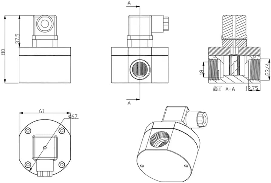 Technical drawing of flow meter dimensions