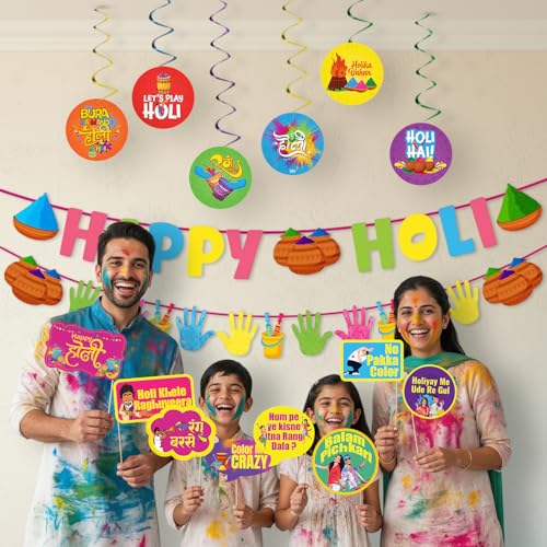Image of Party Propz Holi Decoration Items for Home - 63 Pcs Holi Props for Decoration, Unique Banner and Swirls Set, Complete Party Decor Kit for Home, Office, Vibrant and Eye-catching Design (Cardstock)