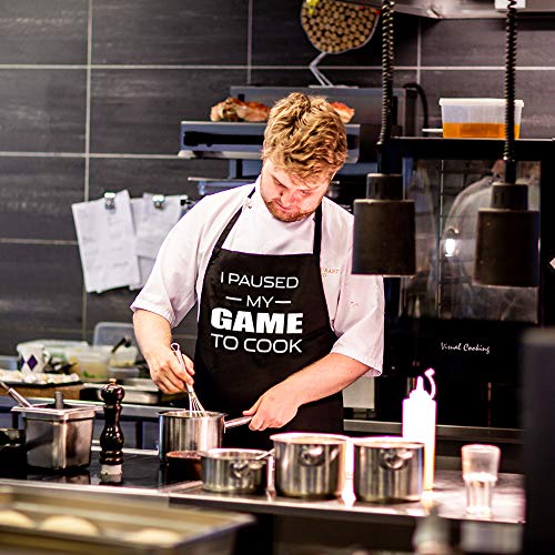 I Paused My Game To Cook - Funny Cooking Apron For Men, Women - Adjustable Bib Grill Aprons With 3 Pockets -Mothers Day, Fathers Day, Birthday, For Mom, Dad, Wife, Husband, Friends #TOP1