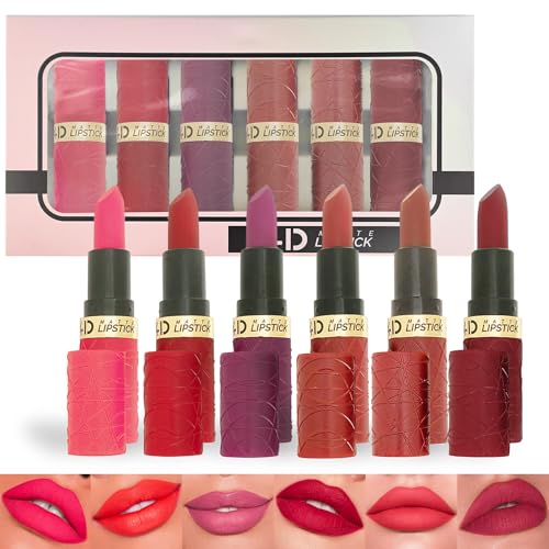 Matte Lippenstift Set, 6PCS Lipstick Hochpigmentierter, Lippenstifte Neon Rosa/Braun/Rot Wasserdicht & Langanhaltend, Farbenfroh Lippenstifte Samtige Textur & Kein Körniges Gefühl, Lippen Makeup Set