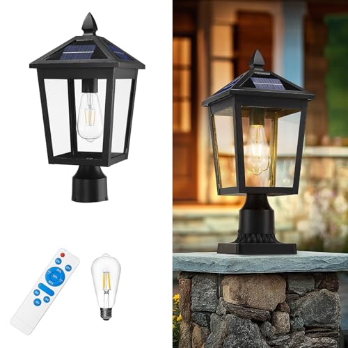 Image of zeyu 17 Inch Solar Outdoor Post Light, Outdoor Lamp Post Light Fixture with Remote, Die-Cast Aluminum with Clear Glass Shade, Black Finish, ZYX115P-SL BK