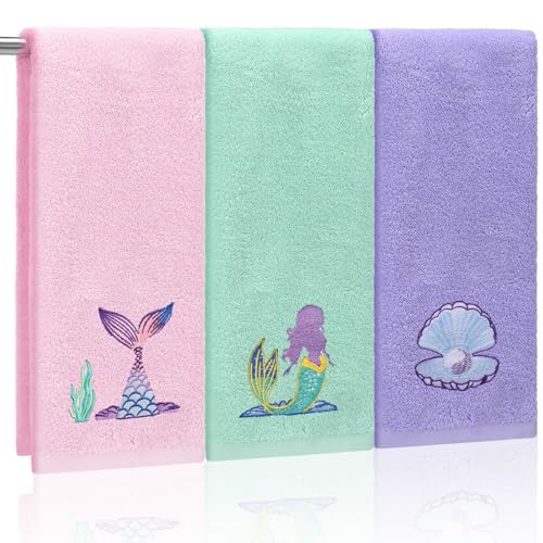 Mindsoft 3 Pcs Watercolor Mermaid Hand Towels 14 x 29 Inch Cotton Embroidered Mermaid Shell Beach Bathroom Towels Sea Ocean Bathroom Decorative for Home Drying Cleaning Cooking Gift