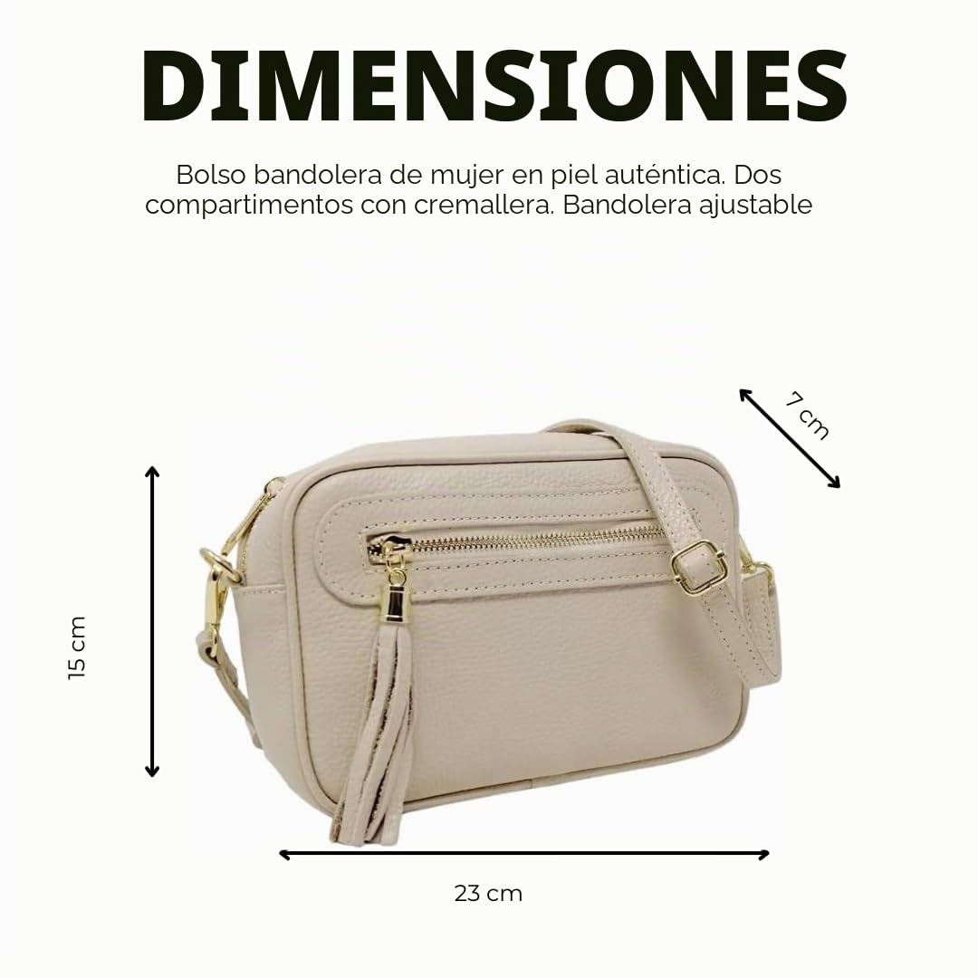 Bolso Bandolera Mujer Pequeño de Cuero, Ajustable, 2 Bolsillos con Cremallera Piel, Artesanía italiana, Joy