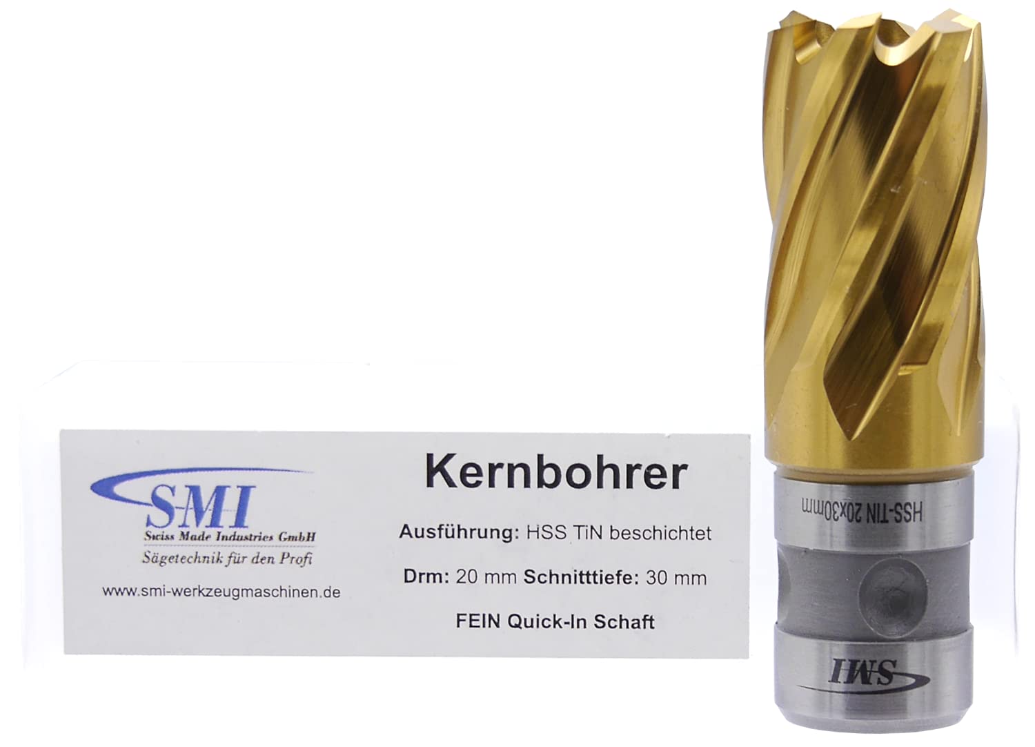 SMI HSS TiN Kernbohrer 20 mm Drm. Schnitttiefe 30 mm, Aufnahme FEIN Quick-In Schaft