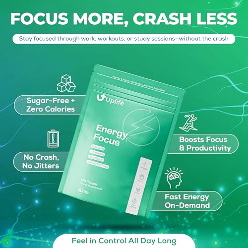 Image of Uplife Energy and Focus Mint 120ct | 40mg Natural Caffeine + 80mg L-Theanine + Vitamin B12 & B3 | Sugar-Free, Vegan | Nootropic Caffeine Mint for Clean Energy & Mental Clarity, Made in USA, Peppermint