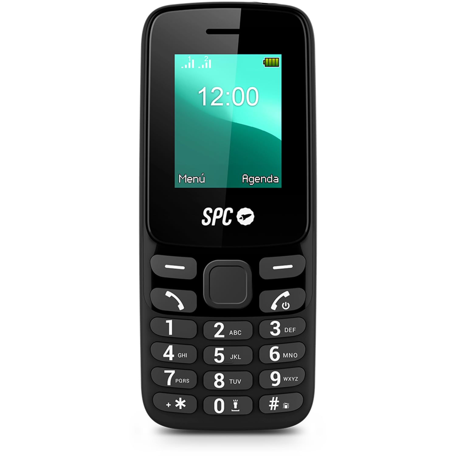 SPC Talk 2 Go – Teléfono móvil básico | Pantalla 1,​8" | Batería 9 días | Volumen Timbre Llamada 103dB | Linterna, Radio FM | USB-​C y Dual-​SIM | Muy Compacto y Ligero, Color Negro