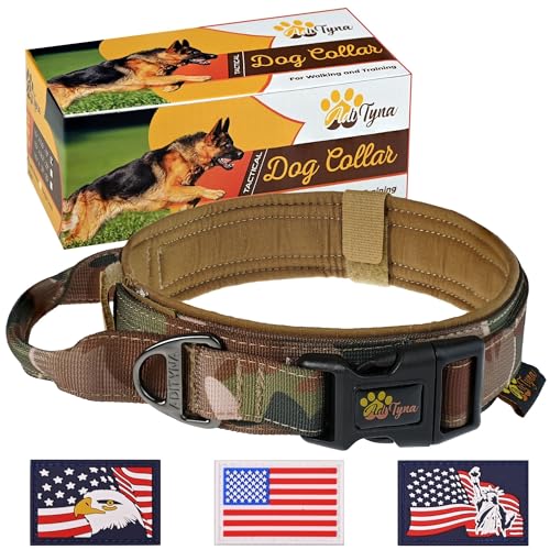 ADITYNA - Tactical Dog Collar for Large Dogs - Soft Padded, Heavy Duty, Adjustable Camo Dog Collar with Handle for Training and Walking