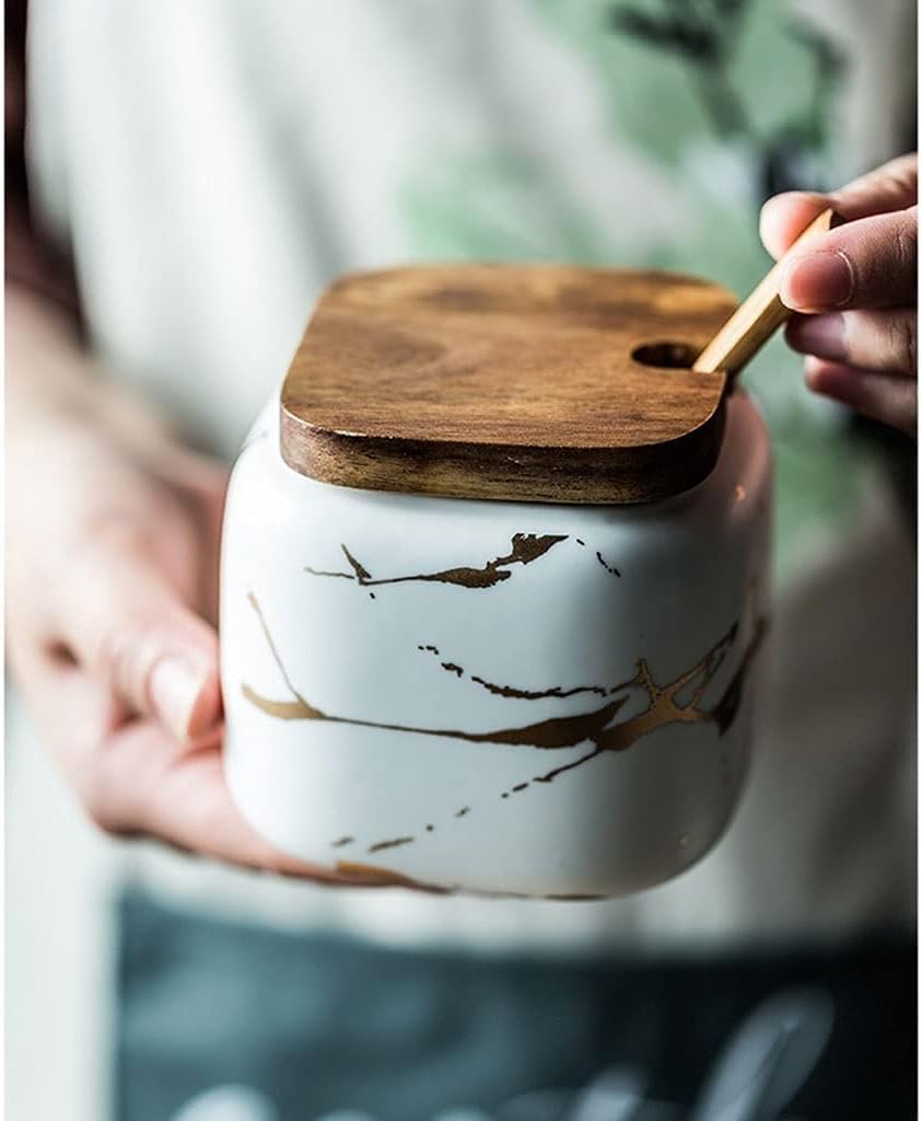 SAeWare Tarro de condimentos, contenedor de especias de cerámica con cuchara y tapa de bambú, azucarero, olla para condimentos, encimera de cocina para el hogar, color verde
