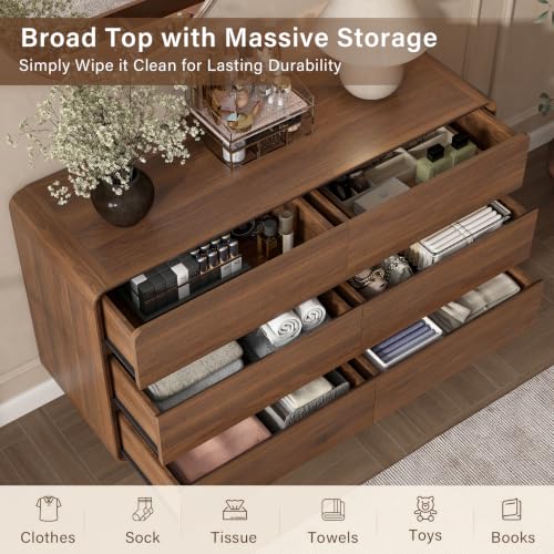 Image of Nasonet 6 Drawer Dresser for Bedroom, 47'' Wide Mid Century Modern Dressers & Chests of Drawers, Wood Storage Drawer Dressers for Hallway, Home Office, Walnut