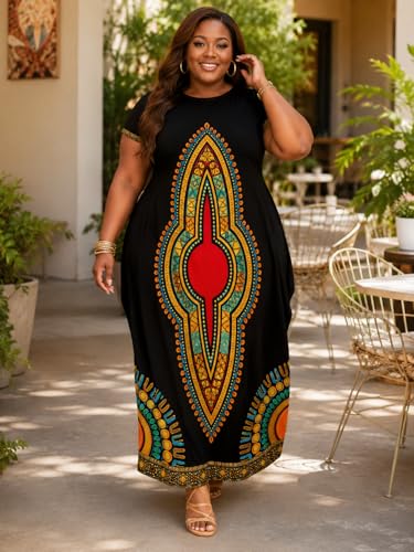 Image of Plus Size Maxi Dress for Women Short Sleeve V Neck Casual Loose Sundress with Pockets