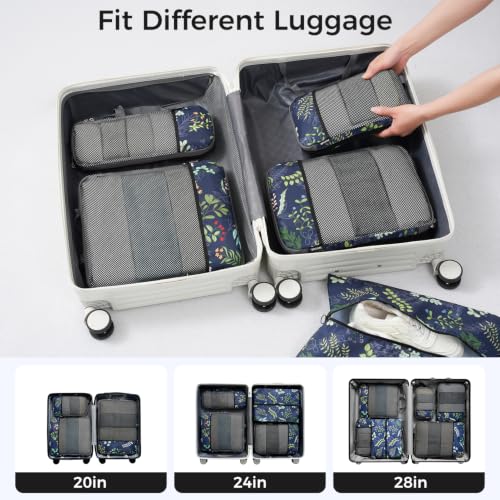 Image of BAGAIL 4 Set /6 Set /8 Set Compression Packing Cubes Travel Accessories Expandable Packing Organizers (Half Mesh, 6-Navy Leaf)