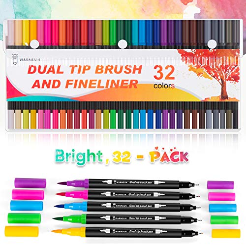 Warmsun 32 Colors Dual Brush Pens Art Markers, Dual Tips Coloring Brush Fineliner