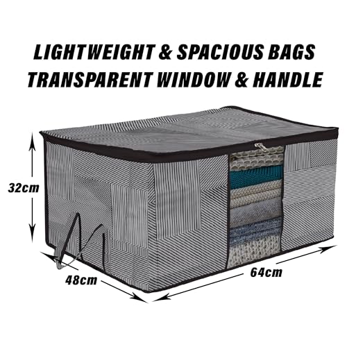 Image of Kuber Industries Non-Woven Underbed Storage Bag|Clothes Storage Organizer|Blanket Cover With Clear Window|Zipper Closure&Handle Cloth Organizer|Lining-Design|Large|Pack Of 4|Gray,32 Cm,48Cm,Black