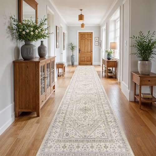 3x20 Runner Rug for Hallway Washable: Non Slip Kitchen Rugs with Rubber Backing Soft Waterproof Mats Stain Resistant Indoor Vintage Carpet Runner for Bedroom Bathroom Laundry Entryway Beige/Gray