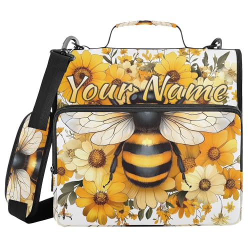 Image of Custom 3 Ring Zipper Binder Yellow Daisy Bee Bumblebees Personalized Name 1.5 Inch Binders Large Capacity Multi Pockets for School Office Supplies