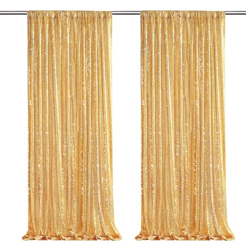 Image of Gold Sequin Backdrop Curtains-2 Panels 3FTx8FT Gold Backdrop for Wedding, Glitter Party Decorations Background Drapes for Birthday Party Anniversary Graduation Photo Booth Decor