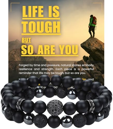 WestLuna Mens Triple Protecton Bracelets - Black Obsidian Hematite Lava Stone 8MM Natural Stone Beaded Bracelet for Men Jewelry Gifts (Medium)