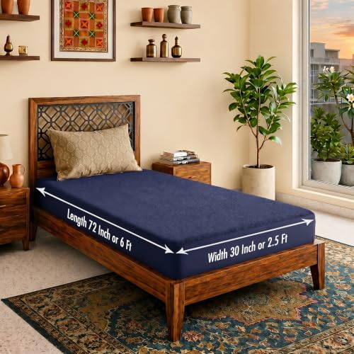 Image of Lithara Terry Cotton Fitted Mattress Protector for Single Bed | Waterproof & Elastic Band | Ultra Soft & Hypoallergenic Mattress Cover | Size : 30 x 72 Inches (2.5 x 6 Feet) | (Navy Blue)