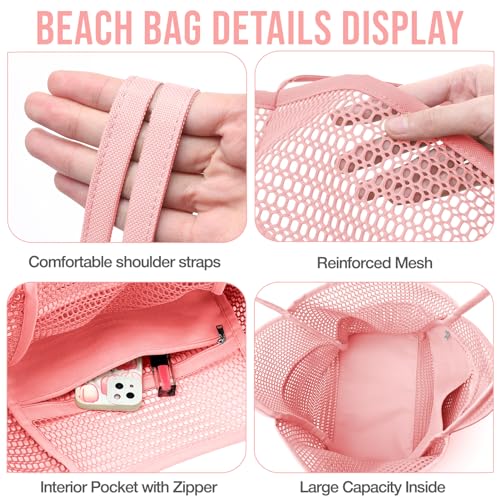 KPX Mesh Beach Bag, Tote Bag for Women Large Foldable Mesh Swimming Bag with Pockets - Sandproof, Waterproof (Pink-Style2) - Image 5