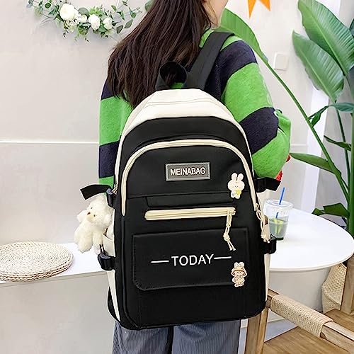 5Pcs Kawaii Backpack Cute Backpack for School Aesthetic Backpack Kawaii School Supplies Backpack Set with Accessories (Black)3