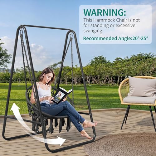Image of Dolphy Hammock Chair | Stand with Backrest Hanging Swing Chair | Extended Macrame Hanging Cotton Rope Chair with a White Pillow for Adults, Kids | Indoor and Outdoor(Black)