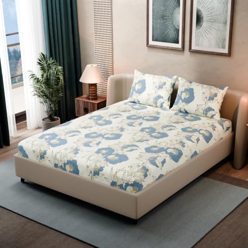 Image of BLISSHOME SoftTouch 140TC Cotton King Size Fitted Bedsheet with 2 Pillow Covers, Silky Smooth Bedding Set, Breathable, Easy Maintain, Floral Print - Ivory, Blue (182cm x 198cm x 25cm Drop)
