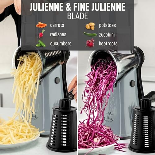 Image of Zulay Kitchen Rotary Cheese Grater 5 Blade Cheese Shredder - Manual Hand Crank Cheese Grater With Reinforced Suction & 5 Interchangeable Drums - Easy to Use, Vegetable Chopper Round Mandoline Slicer