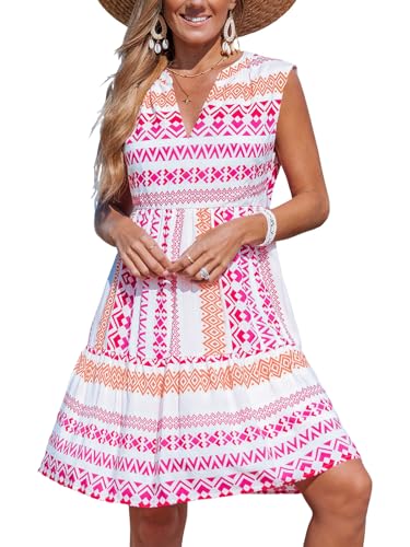 Image of CUPSHE Women's Ruffle Beach Mini Dress Split V Neck A Line Sleeveless Geometric Stripe Tropical Leaf Pattern Summer Dresses