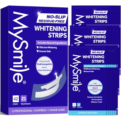 MySmile Teeth Whitening Strips Hydroxyapatite-Infuse White Strips Non-Sensitive Teeth Whitening with Soothing Natural Ingredients Enamel-Safe Residue-Free Non-Slip 21 Treatments Kit