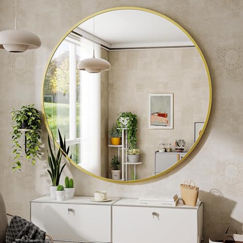 Image of Round Wall Mirror with Durable Wooden Frame - 18 inch (Golden) | Modern Decorative Wall Hanging Mirror for Bathroom, Bedroom, Basin, Dressing Table, Entryway & Home Interior Decor