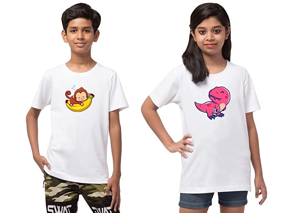 Image of T-Shirt Combo for Boys and Girls Half Sleeves Animal Print Modern New Casual Round Neck Cotton Regular Fit White