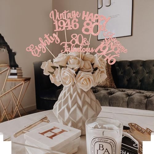 Image of 15 PCS 80th Birthday Centerpiece Sticks Happy 80th Vintage 1946 Table Flower Centerpieces Sticks Cheers to 80 Fabulous Floral Decorations for 80th Birthday Party Centerpieces Supplies Rose Gold