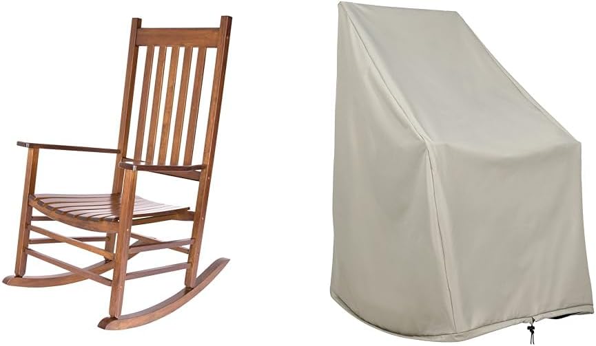 Shine Company 4332OA Vermont Rocking Chair | High Back Porch Rocker – Oak & 4361-142 Weatherproof Outdoor Rocking Chair Cover | 100% Woven Polyester | Elastic Cord with Toggle – Gray