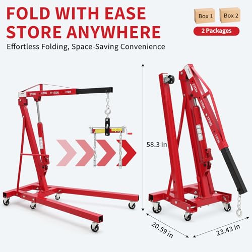 Image of GarveeTech 2 Ton Folding Hydraulic Engine Hoist with Load Leveler 4400 LBS Capacity Heavy Duty Cherry Picker 6 Swivel Wheels&Hydraulic Pump Adjustable Boom (0.5T-2T) for Garage Workshop Warehouse Red