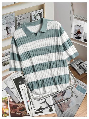 Men's Striped Short Sleeve Sweater Lapel Collar V Neck Colorblock Pullover Sweaters3
