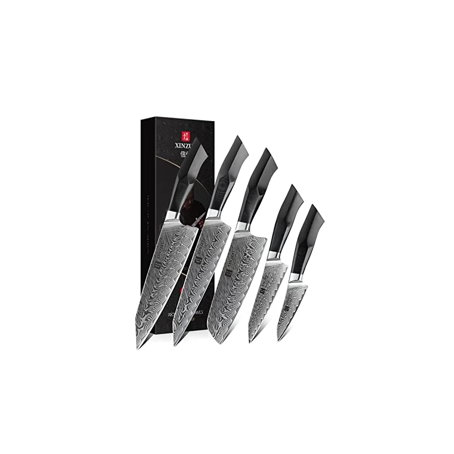 XINZUO-Damascus-Steel-5Pcs-Kitchen-Knife-Set-Professional-Japanese-Style-Knives-High-Carbon-Steel-Sharp-Chef-Santoku-Slicing-Knife-Utility-Paring-Knife-Military-Grade-G10-Handle-Feng-Series XINZUO 5-piece Damuscus Kitchen Knife Set,67 Layer Hand Forged Damascus Steel Professional Chef Knife Set with Gift Box, G10 Black Handle,Razor Sharp-Feng Series