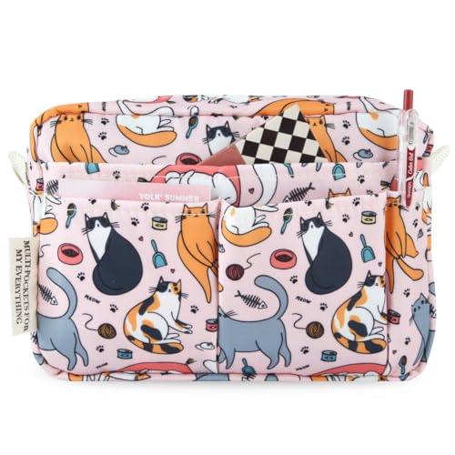 Portfolio Organizer with Multiple Pockets Waterproof Travel Zippered Toiletry Bag Portable Storage Pencil Pouch for Notebooks Stationeries Make-up Journal Office Art Supplies.Pink Cat