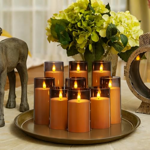 Image of Homemory Gray Flickering Flameless Candles, Battery Operated Acrylic LED Pillar Candles with Remote Control and Timer, Halloween Decor, Set of 9
