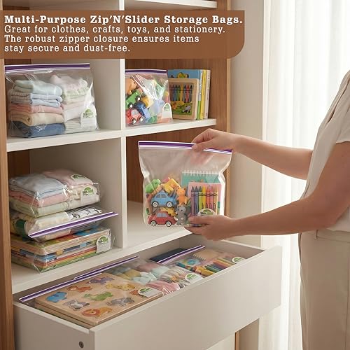 Image of Shalimar Zip 'N' Slider (Press Fit) Bags | Medium (24.5 cm X 28 cm) | Pack of 45 Bags |Ziplock /Vegetable /Fruit /Fridge /Multi-Purpose Storage Bag | Reusable & Reclosable with Double Lock| Color-Natural