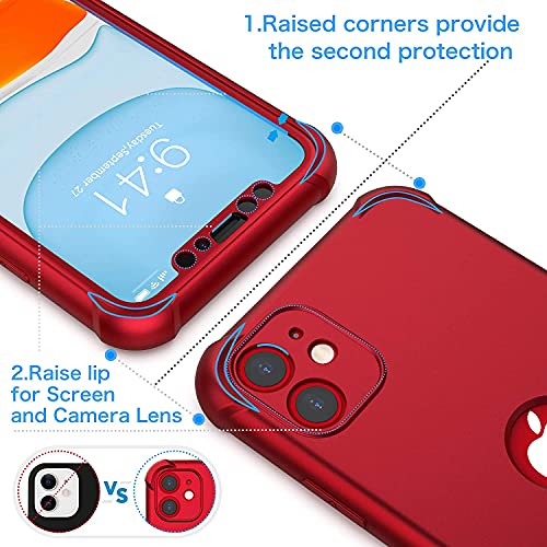 Image of ORETECH Designed for iPhone 11 Case, with[2 x Tempered Glass Screen Protector] 360A‚ Full Body Heavy Duty Shockproof Protection Cover Hard PC Soft Rubber Silicone for iPhone 11 (2019) - 6.1'- Red