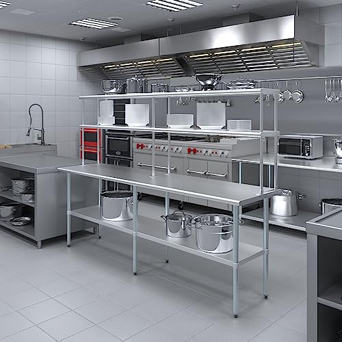 Image of AmGood Stainless Steel Work Table with 12 inch Wide Double Tier Overshelf | Metal Kitchen Prep Table & Shelving Combo | NSF (Stainless Steel Table with Double Overshelves, 96 inch Long x 24 inch Deep)